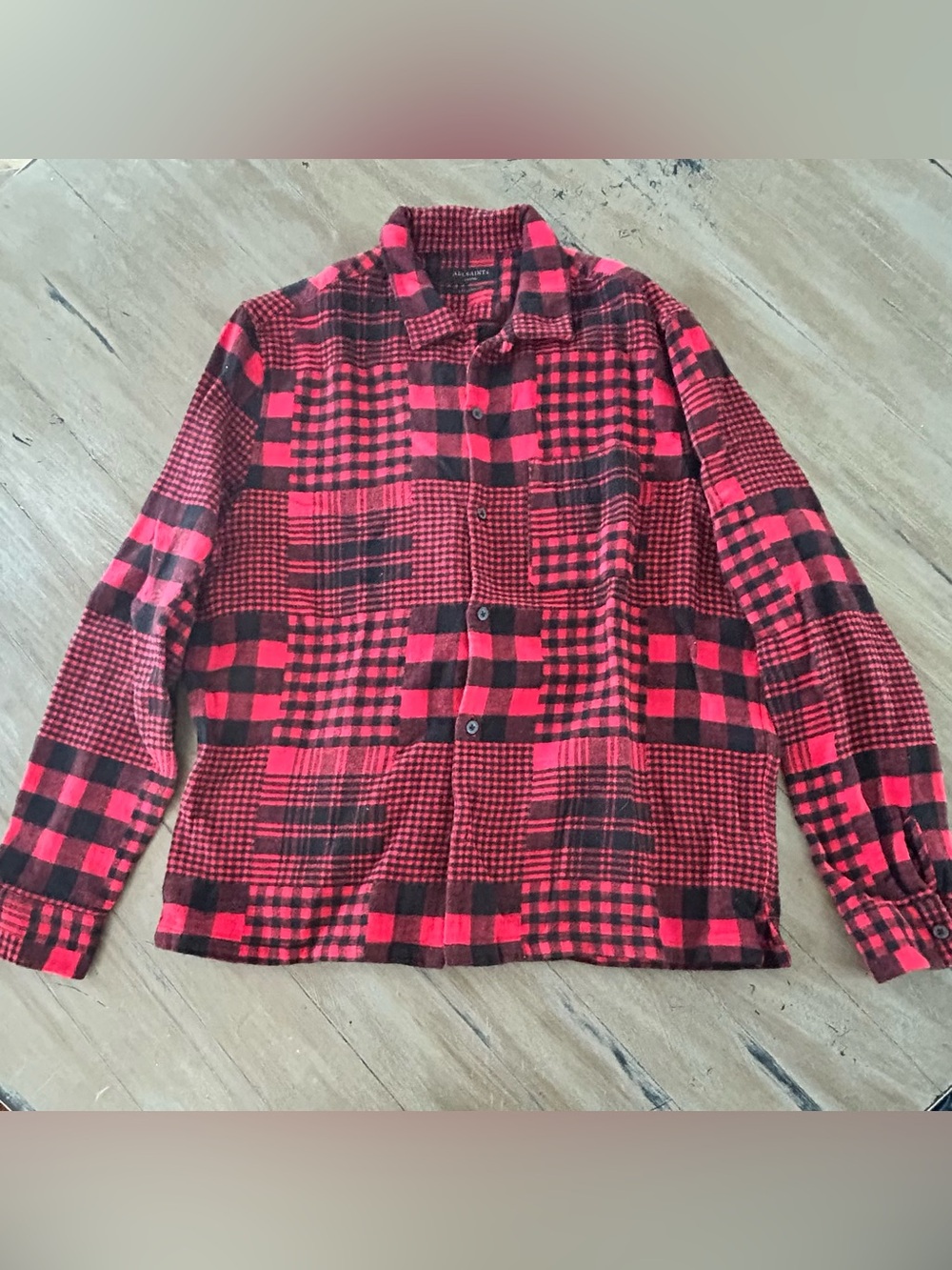 AllSaints Red and Black Patchwork Plaid Jacket